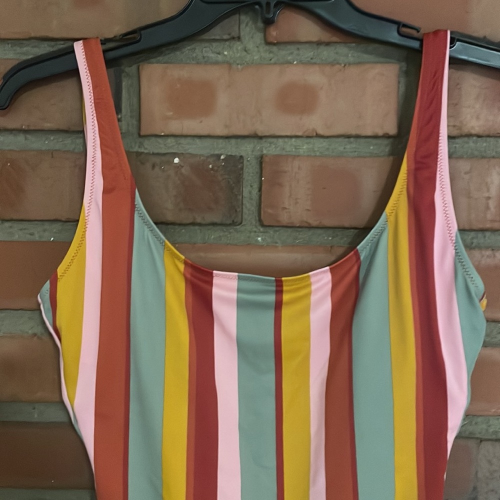 Madewell striped hicut bathing suit small orange teal muted tones one piece - Picture 5 of 11